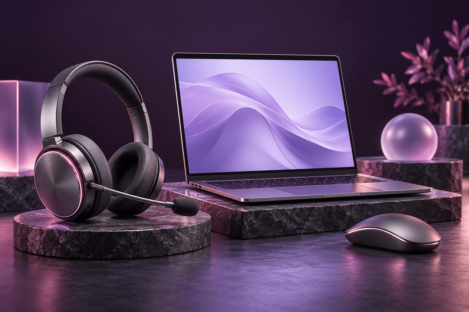 A support headset beside a laptop and a mouse