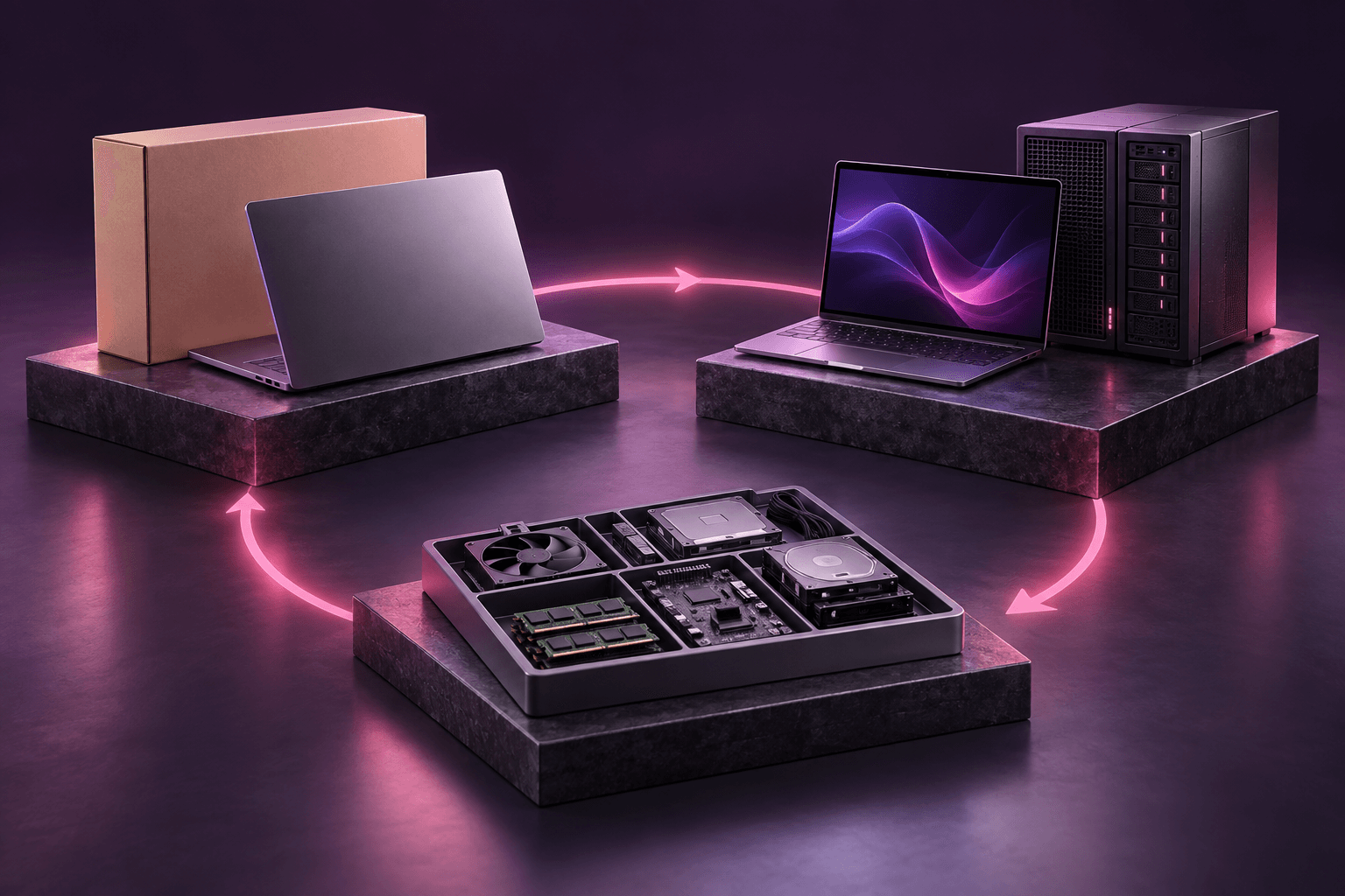 A circular lifecycle of a boxed laptop, an in-use laptop and server, and disassembled components