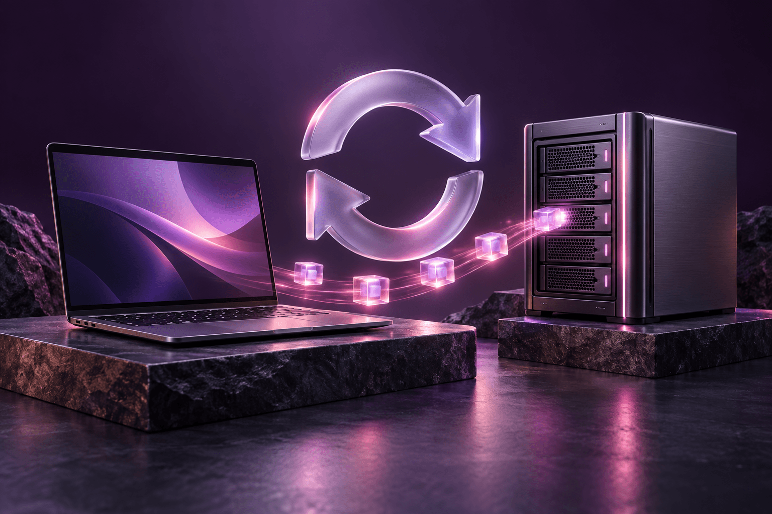 A refresh icon with update packages flowing between a laptop and a server