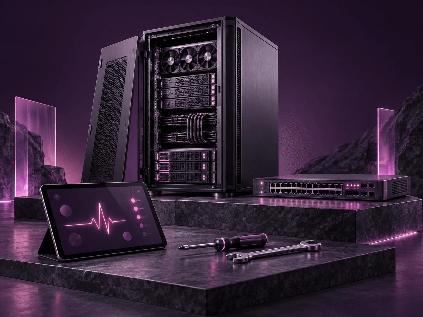 An open server rack, network switch, a health-monitoring tablet and maintenance tools