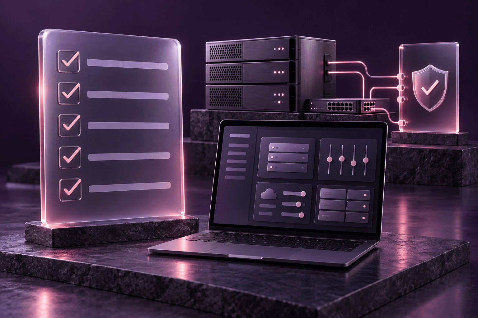 An audit checklist beside a laptop showing configuration controls and a protected, connected server