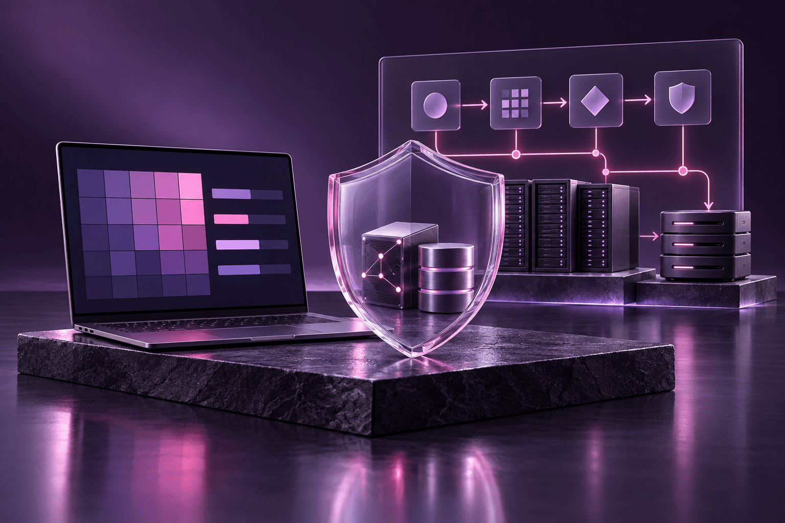A laptop showing a risk heat map beside a shield protecting data assets and a risk-treatment process flow