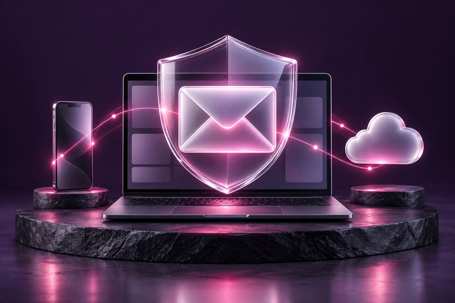 A shielded email icon connecting a laptop and phone to the cloud