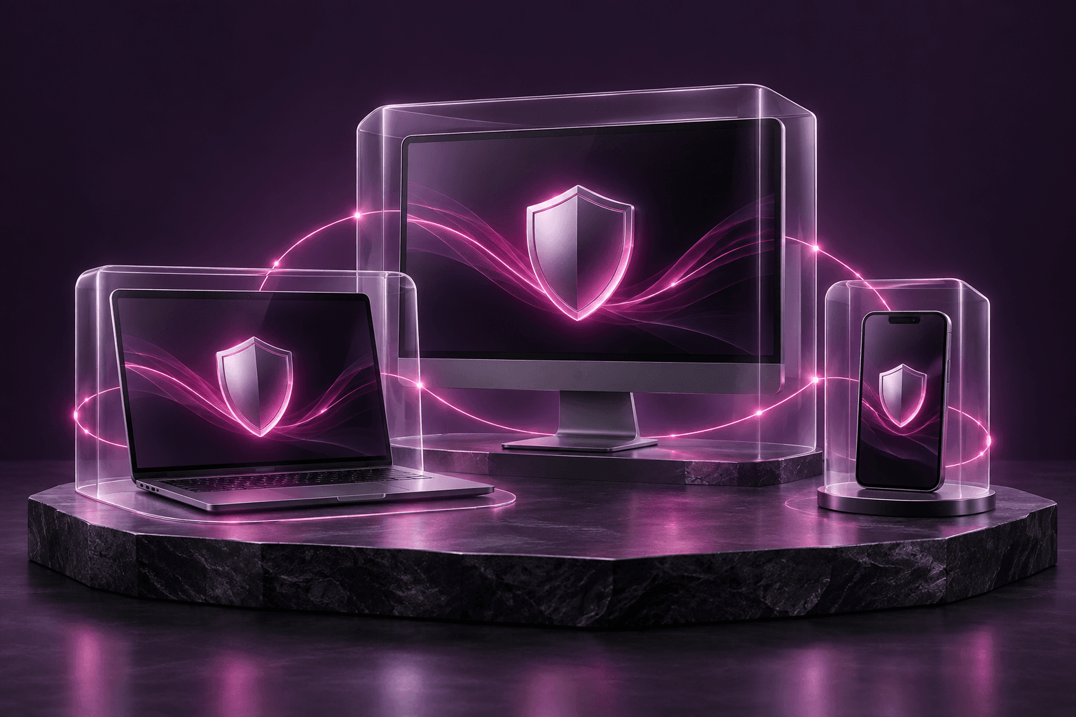 A laptop, monitor and phone each individually protected inside a shielded enclosure