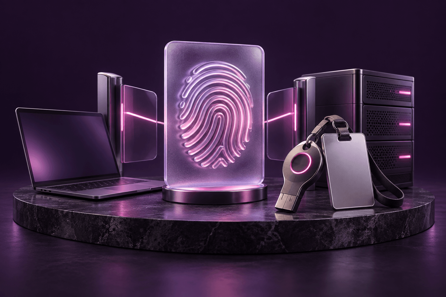 A fingerprint authentication panel beside a security key and access badge
