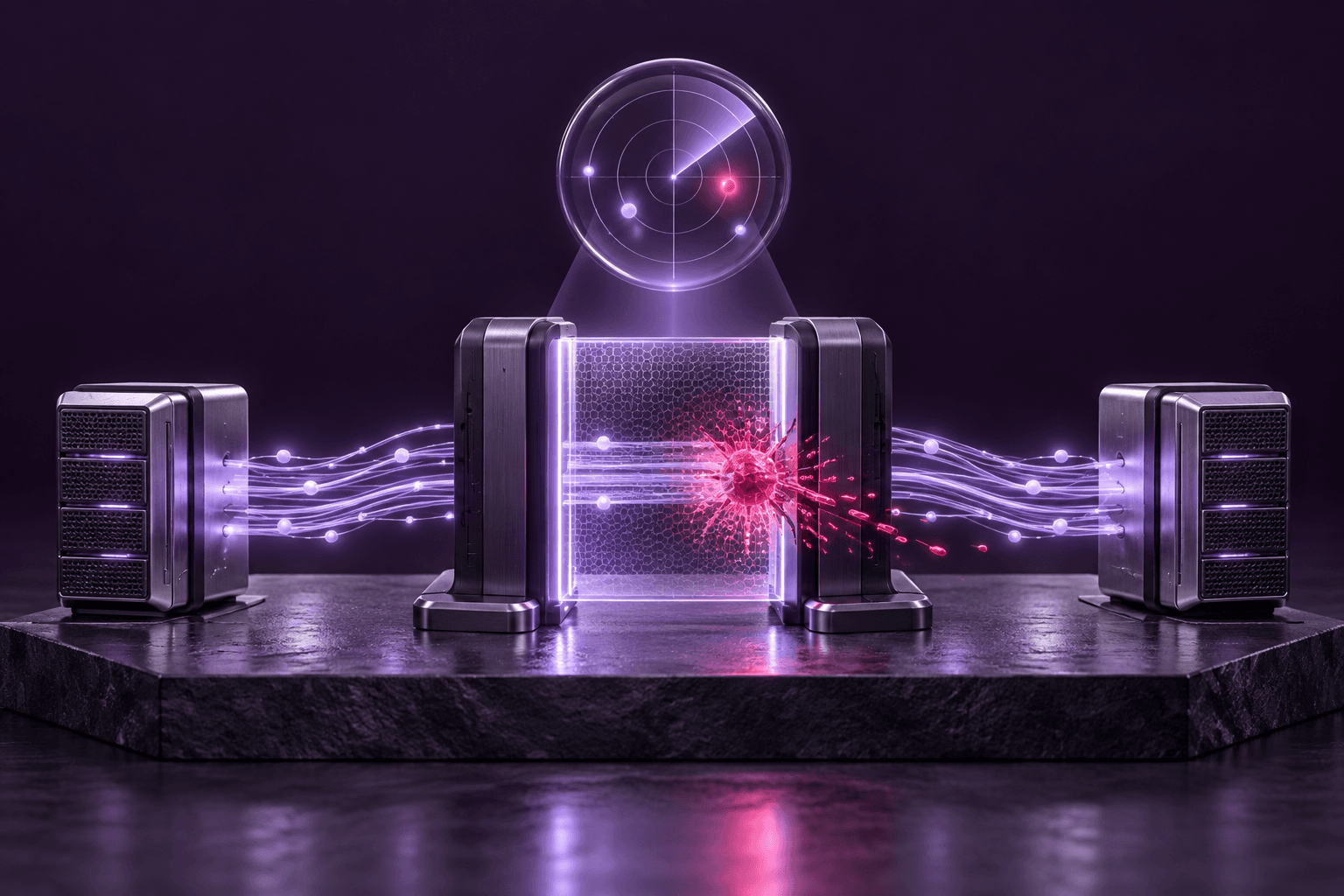 A radar detecting an incoming threat, blocked by a firewall gate between servers