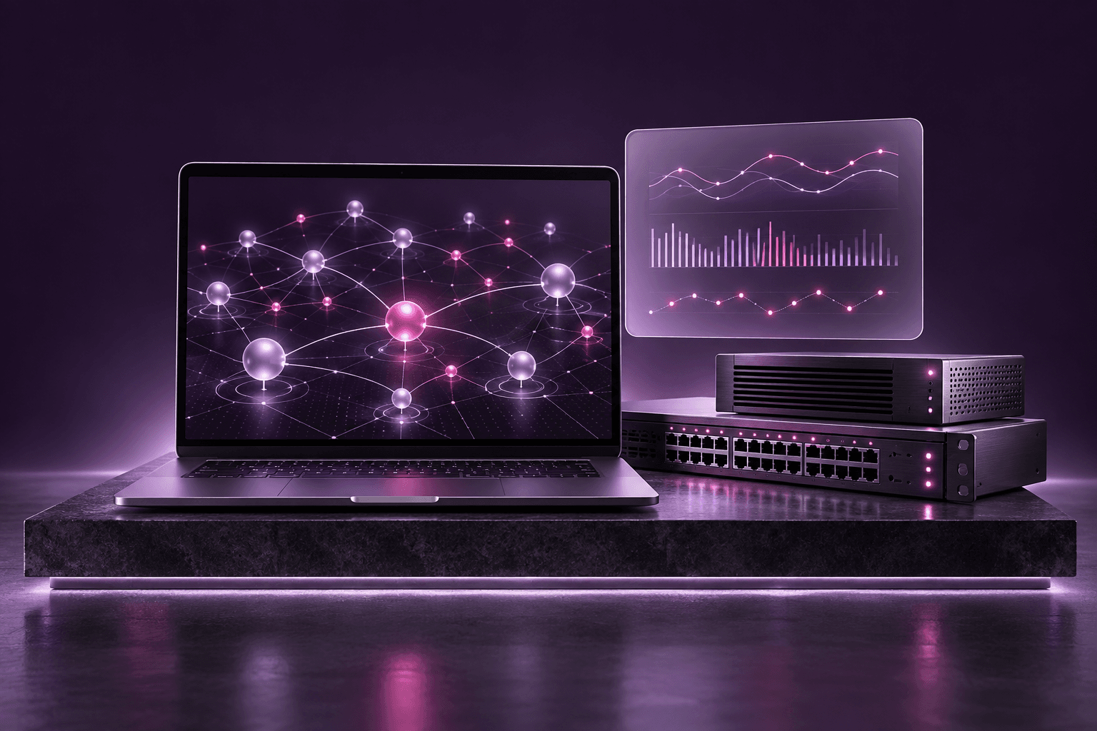 A laptop showing a network topology map beside live traffic charts and a network switch