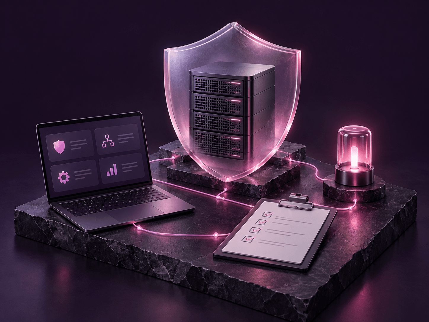A shield-protected server connected to a policy dashboard, checklist and alarm beacon