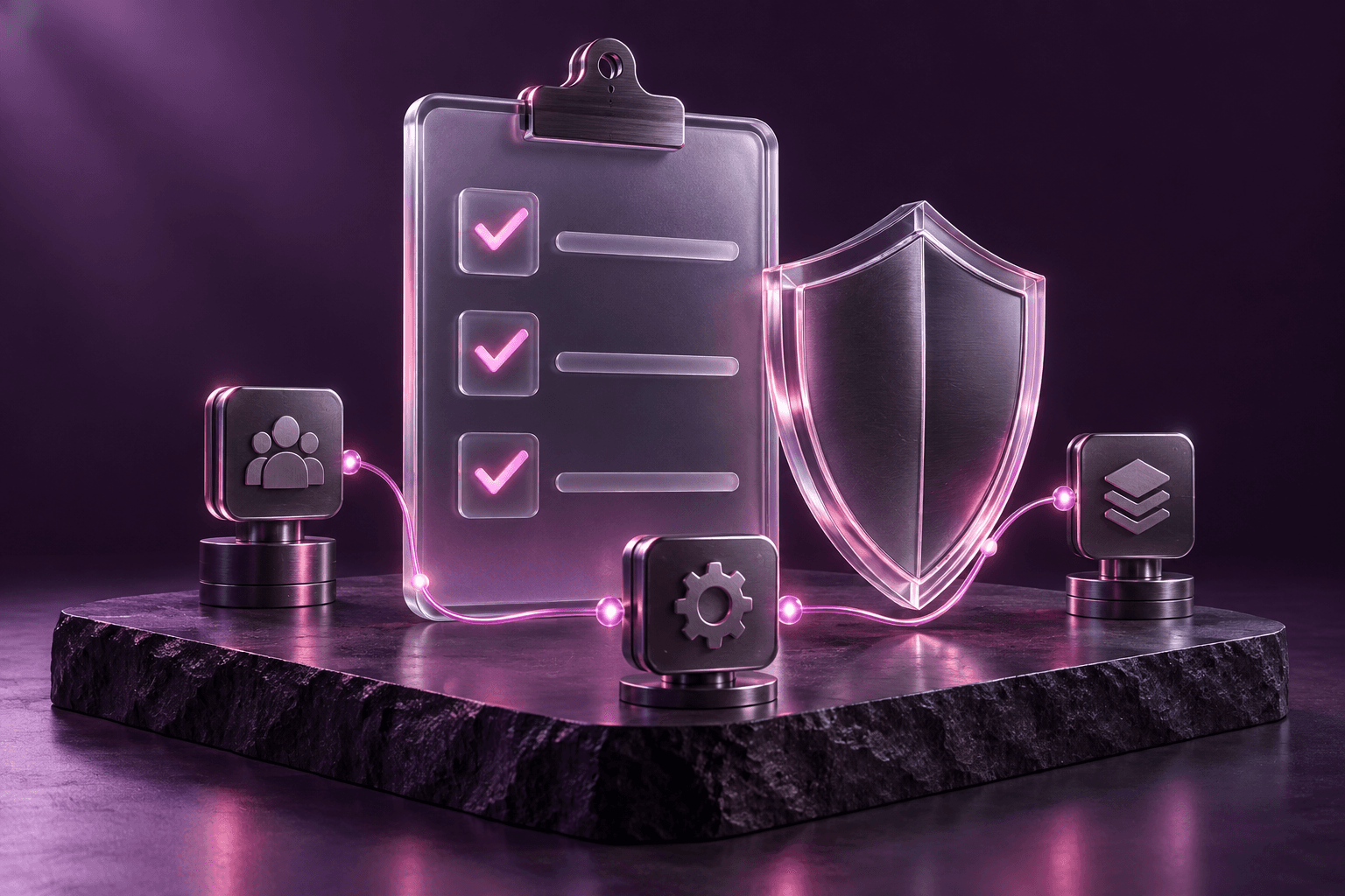 A policy checklist and shield connected to roles, settings and control layers