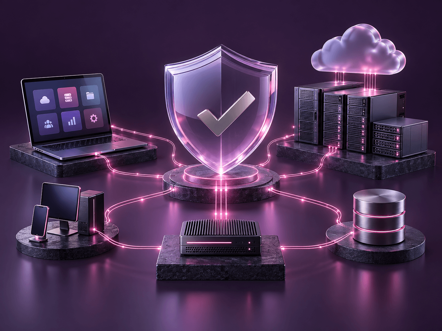 A shield, magnifying glass and layered security icons connected in a network