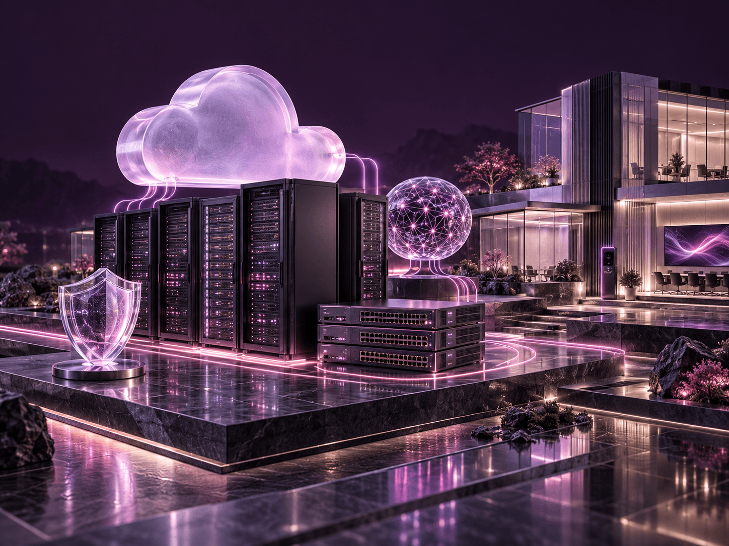 A cloud, server racks, network switches, a security shield and a network globe outside a smart building