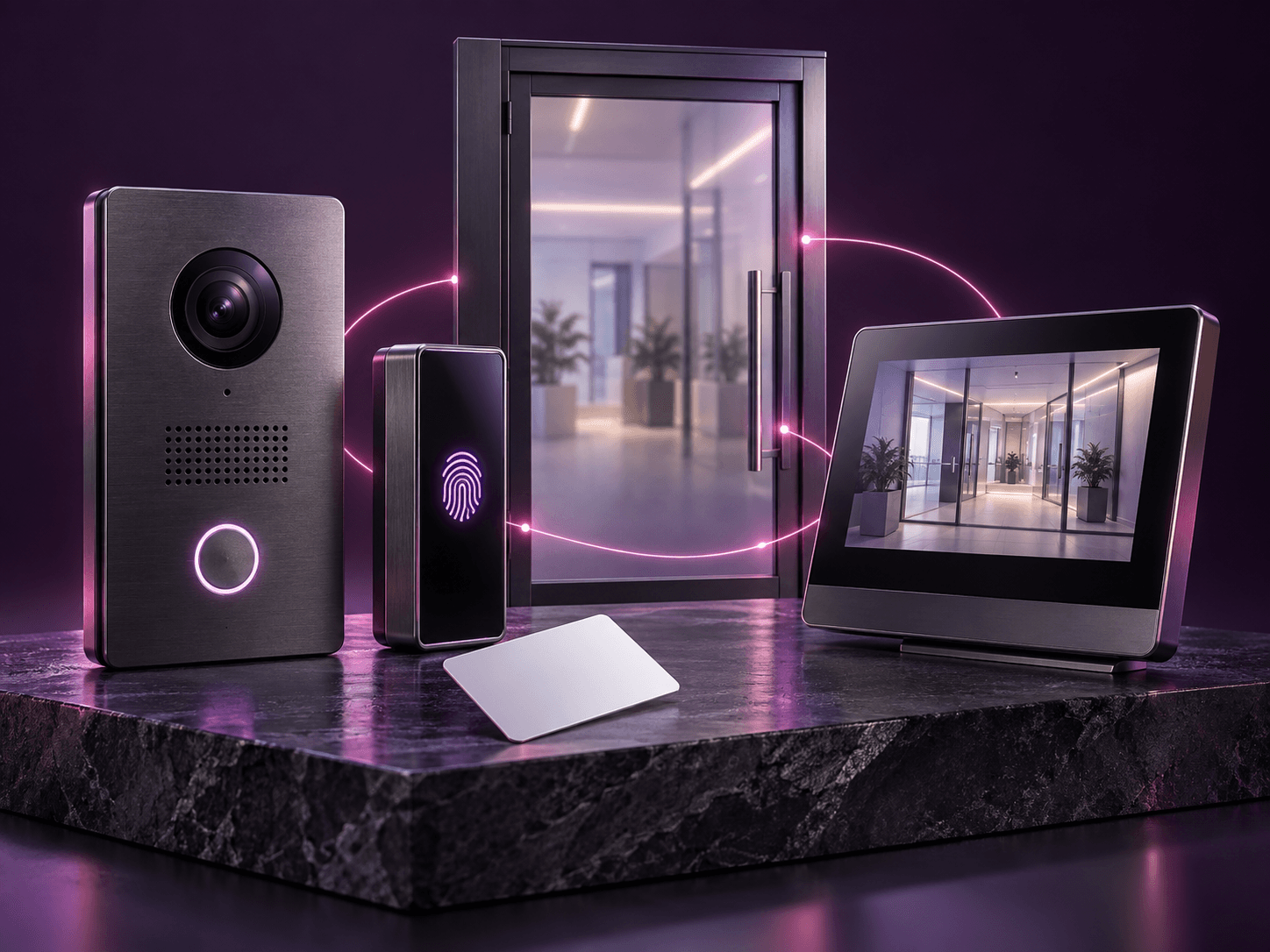 A video intercom and fingerprint access panel beside a keycard and an indoor display at a glass entrance