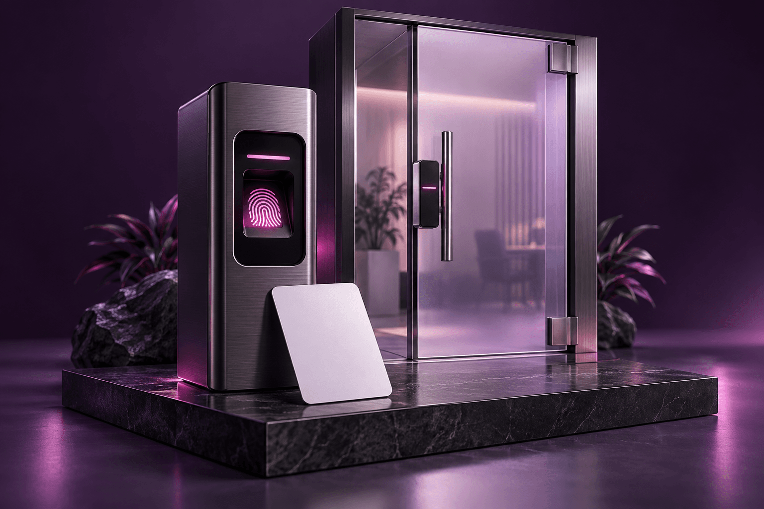 A fingerprint access panel and keycard beside a glass entrance door