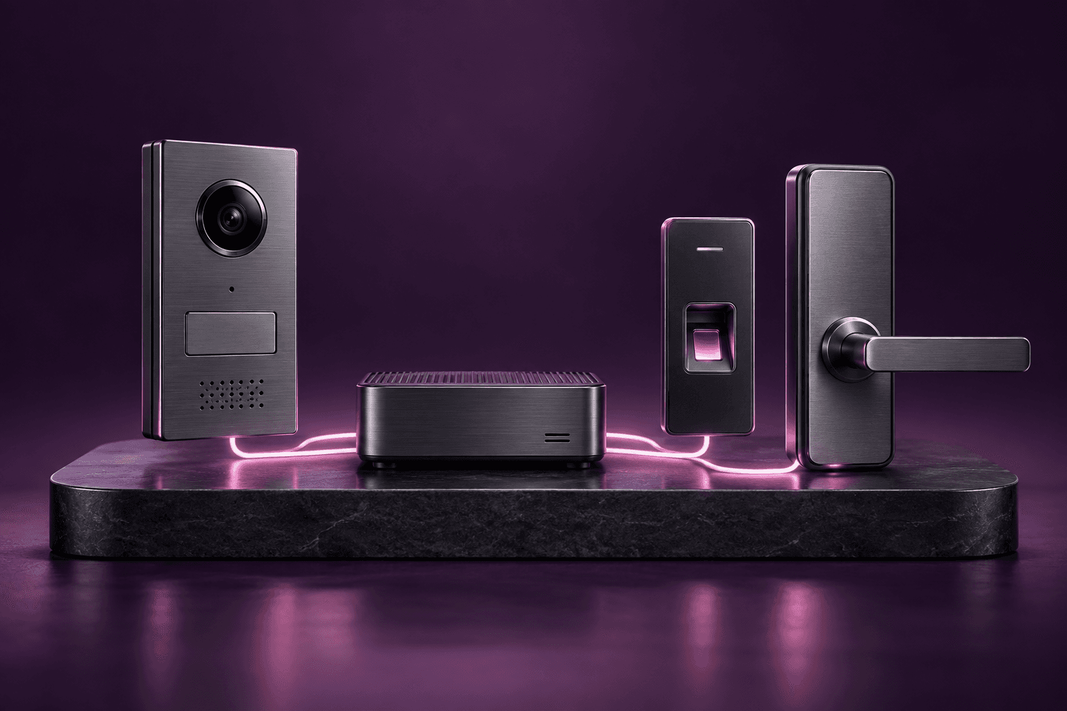 An intercom, control hub, fingerprint reader and door handle connected together