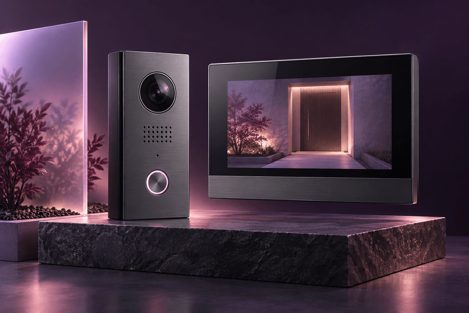 A video intercom unit beside an indoor monitor showing the entrance