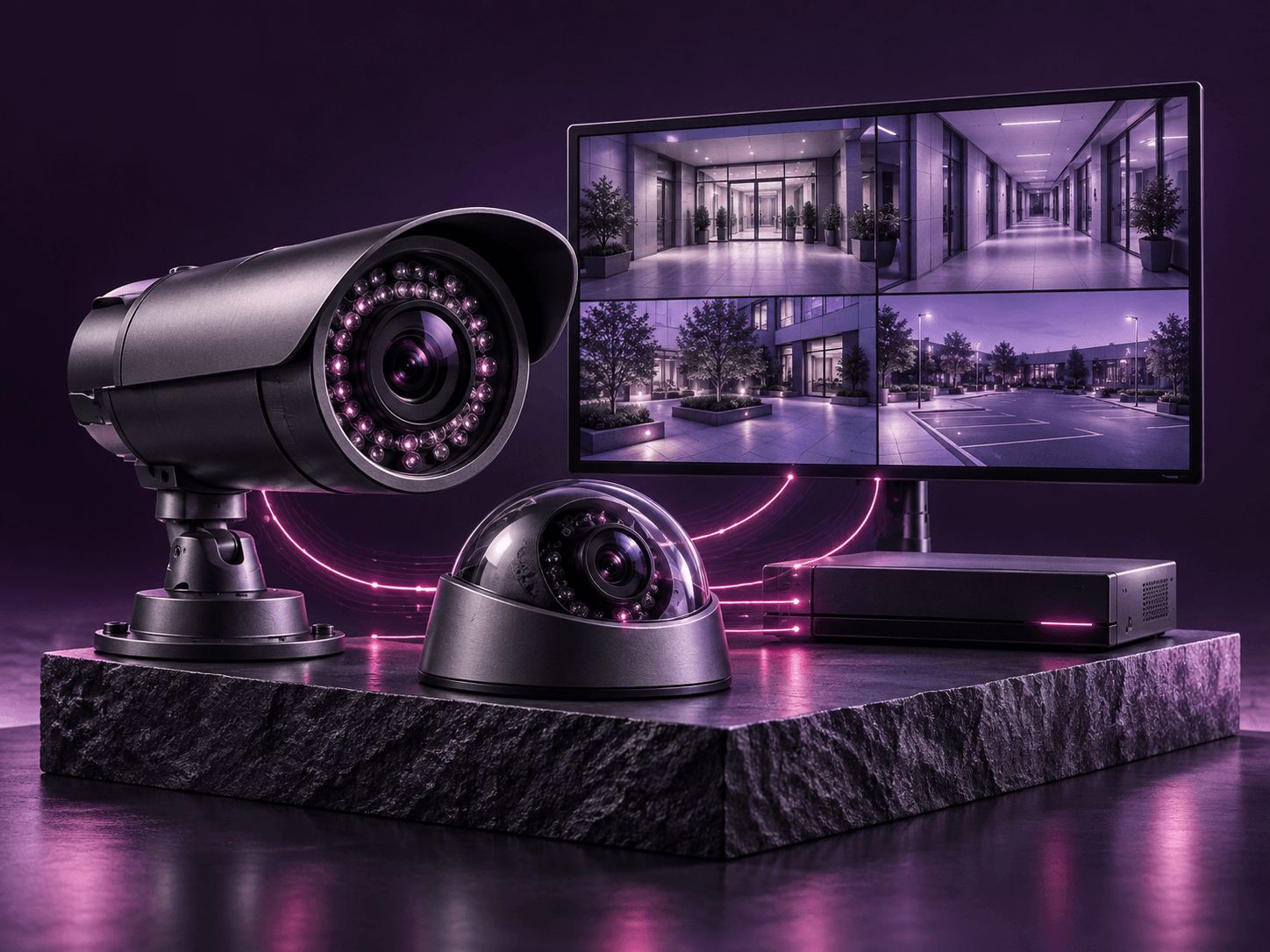 A bullet camera and dome camera connected to an NVR and a multi-camera monitoring display