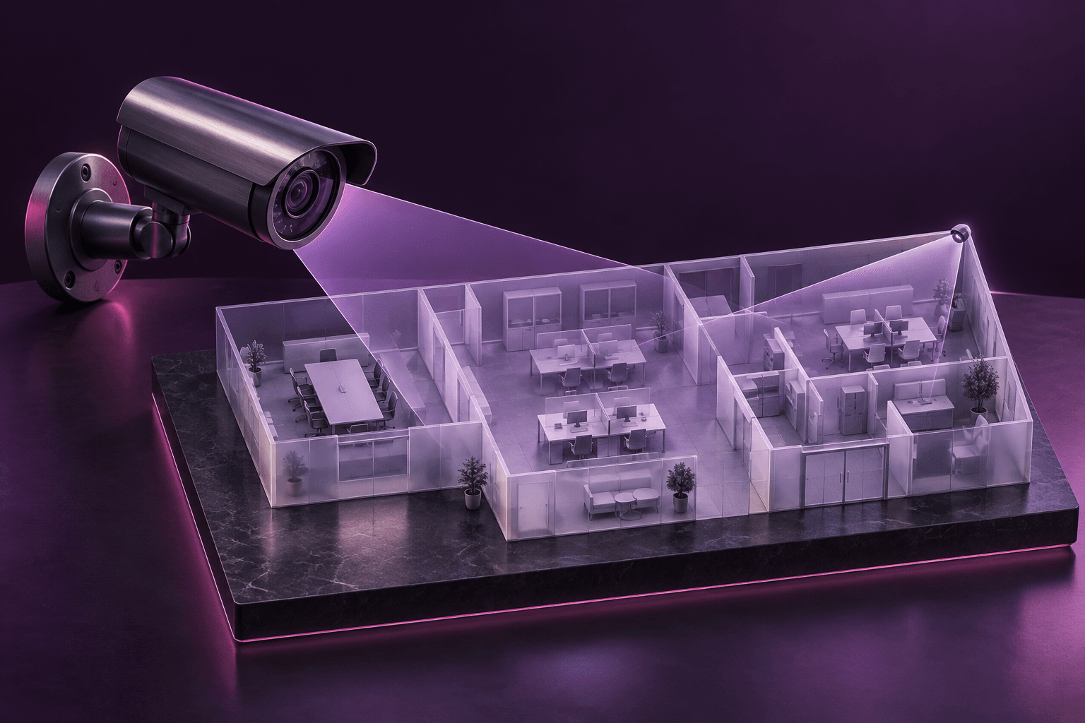 Cameras mapping coverage across a floor plan of an office