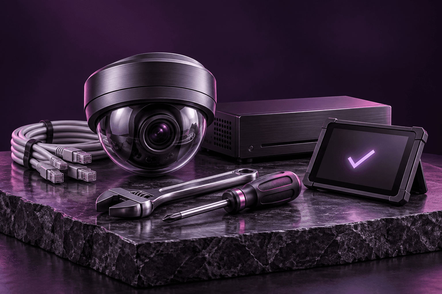 A dome camera, network cables and an NVR beside maintenance tools and a verified checkmark