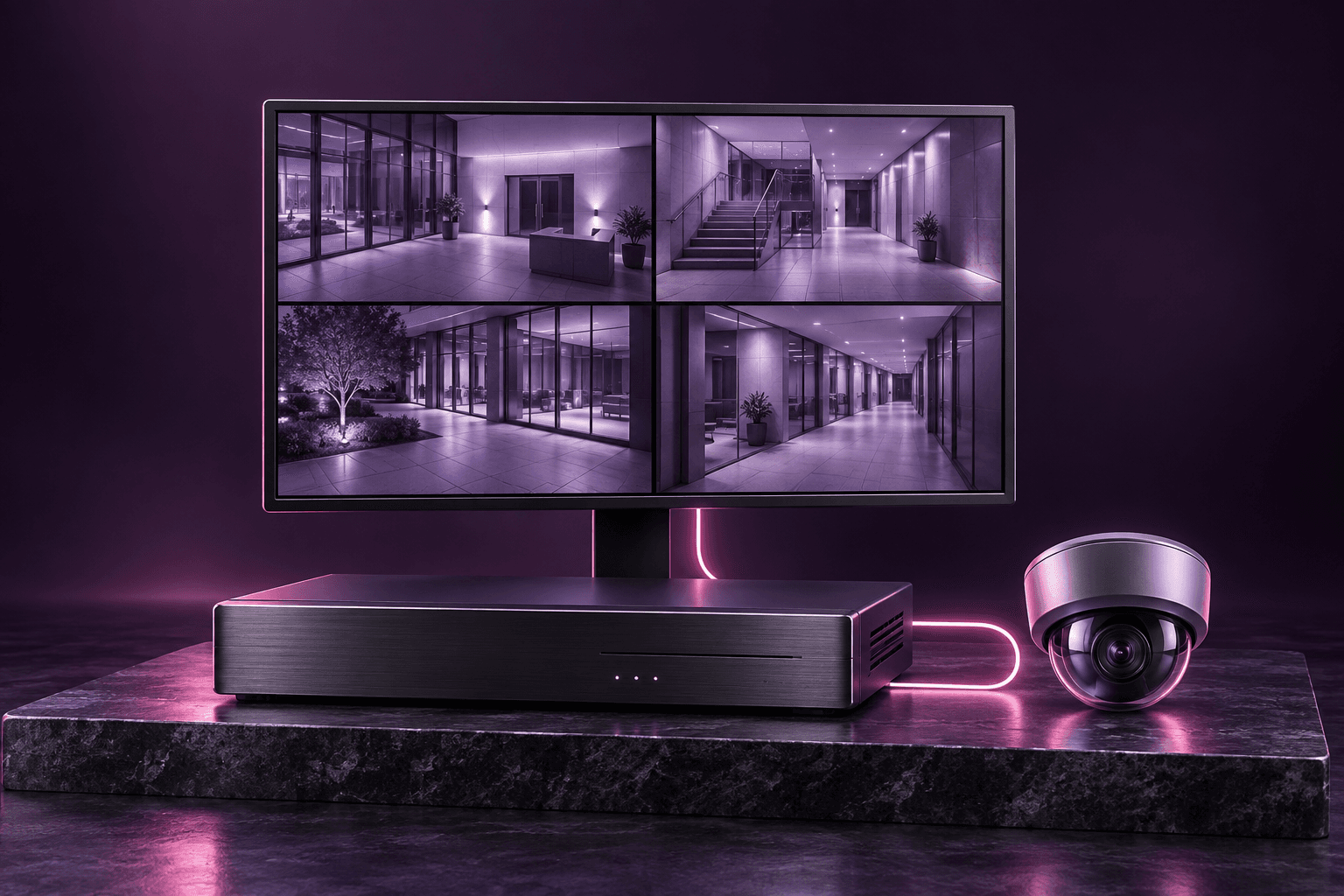An NVR with a multi-view monitoring display connected to a dome camera