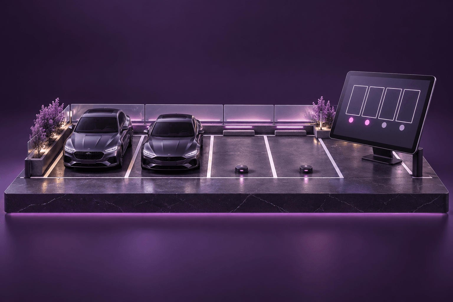 A parking lot with occupancy sensors and a bay-availability display