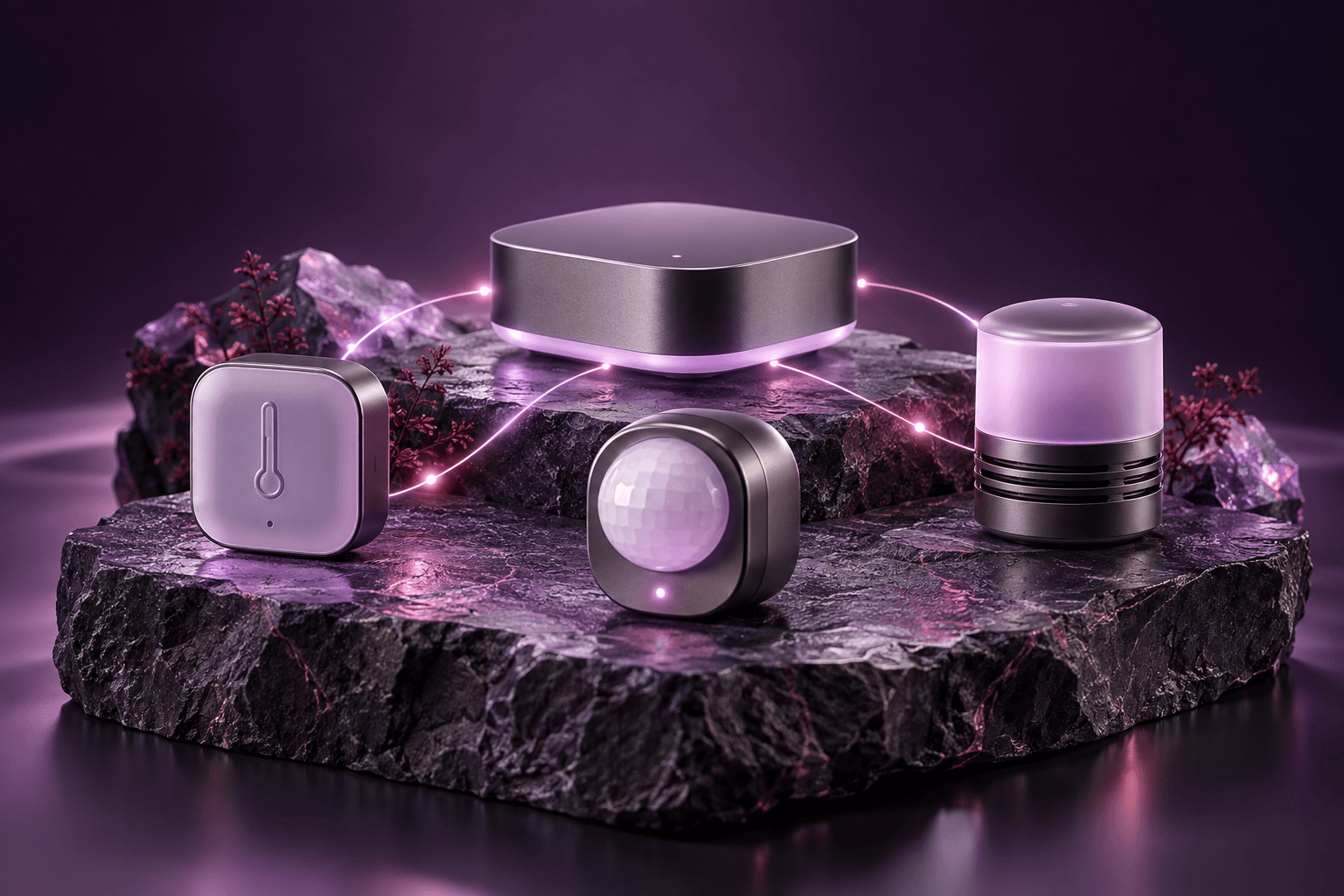 A connected hub, temperature sensor, motion sensor and air-quality sensor