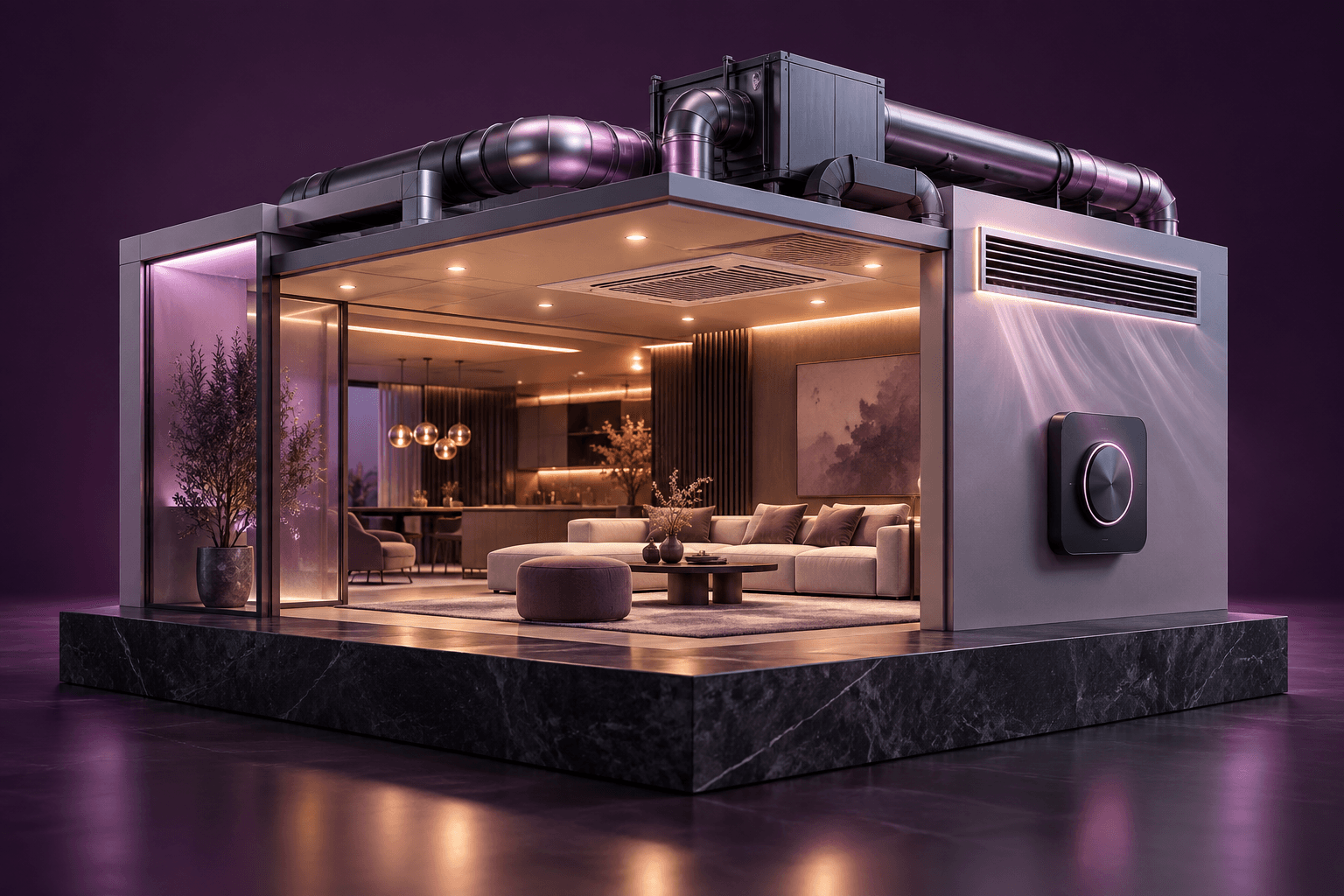 A lit interior room with HVAC ductwork and a smart thermostat control