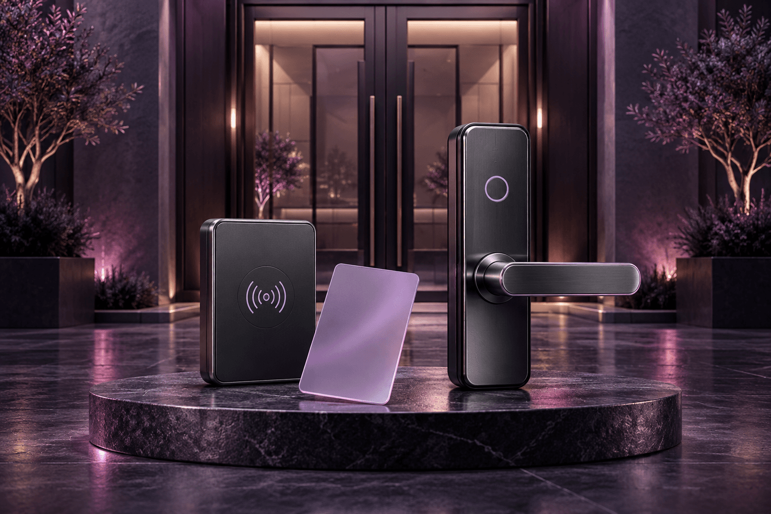 An RFID reader, keycard and smart door handle at a building entrance
