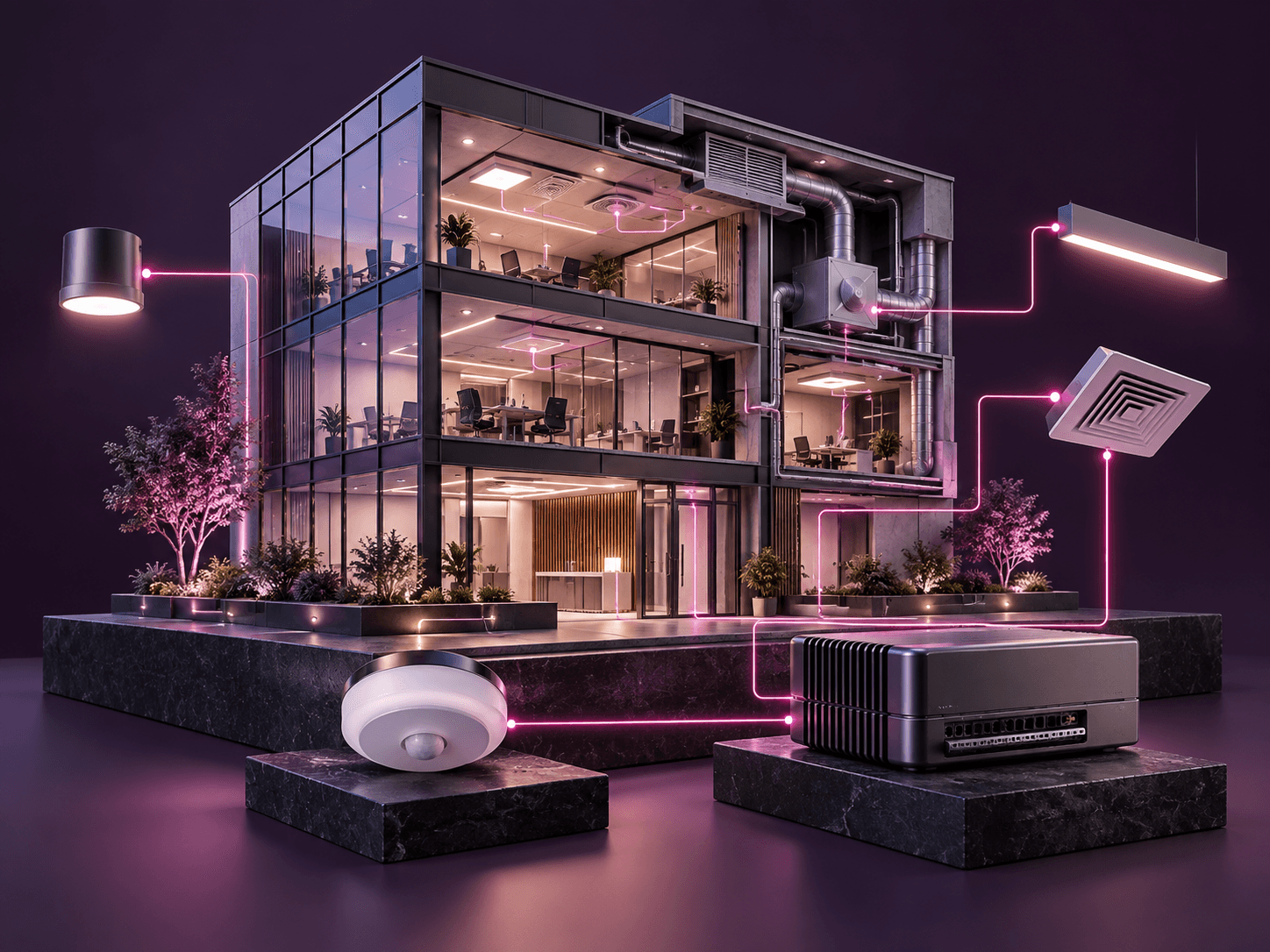 A smart building connected to lighting, HVAC ductwork and a motion sensor