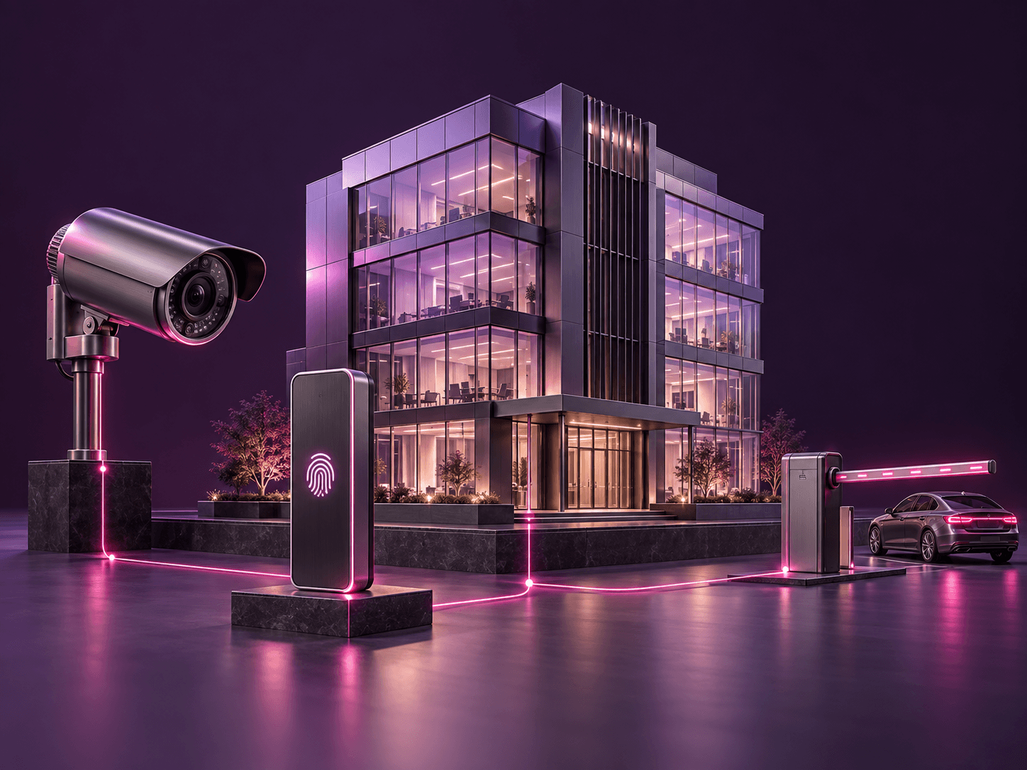 A smart building connected to a CCTV camera, fingerprint access panel and parking barrier